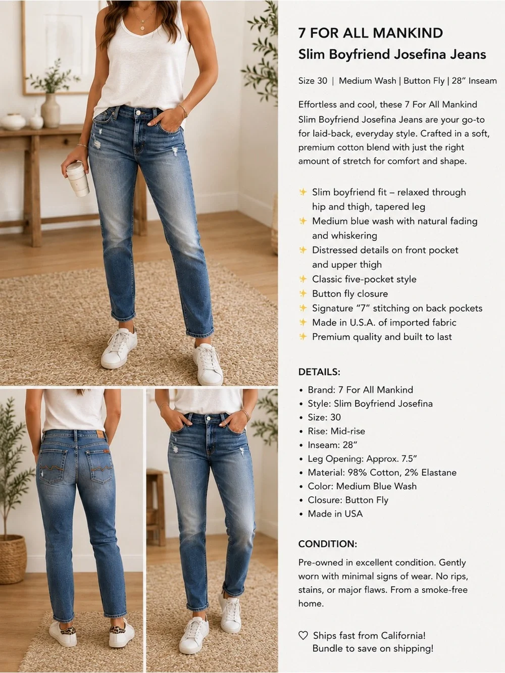 7 For All Mankind Slim Boyfriend Josefina Jeans - Medium Blue Wash
